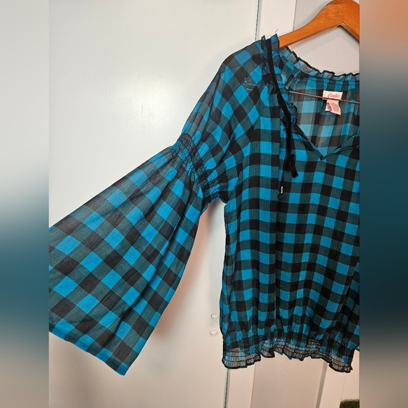 Candie's XL Blue & Black Plaid Sheer Blouse Bell Sleeve Velvet Tie Boho Top - Picture 3 of 9